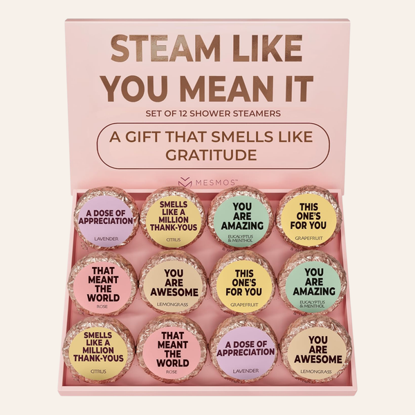 Open box of twelve shower steamer tablets, Thank You Series gift set