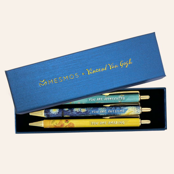 Three Van Gogh art pens in an open navy Mesmos gift box, engraved You Are Appreciated, You Are Awesome and You Are Amazing.