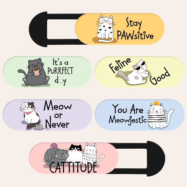 Six large webcam covers with cat cartoons, reading Stay PAWsitive, It's a PURRfect day, Feline Good, Meow or Never, You Are Meowjestic and Cattitude.