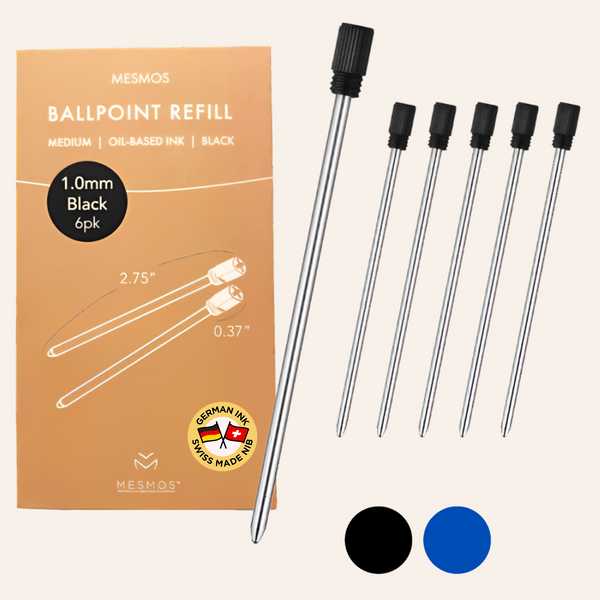 A six-pack of Mesmos ballpoint refills in black, 1.0mm medium oil-based ink, 2.75 inches long, shown with black and blue colour swatches.