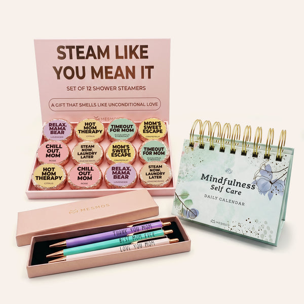 Mom gift set containing pens and self-care items, boxed