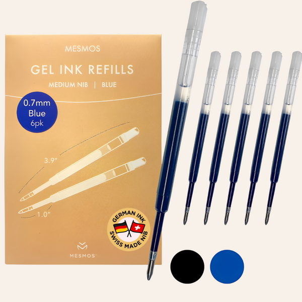 A six-pack of Mesmos gel ink refills in blue, 0.7mm medium nib, with German ink and a Swiss-made nib.