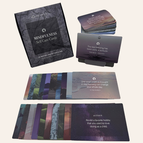The Mindfulness Self Care card deck with nature landscape cards fanned out around the box.