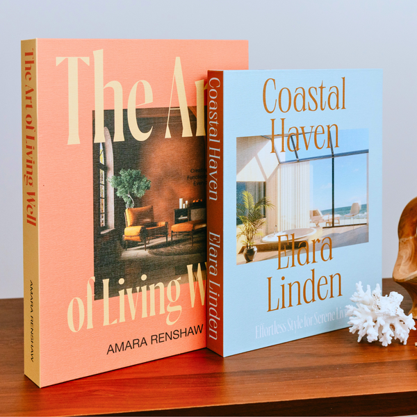 Two decorative storage books, Home and Living covers
