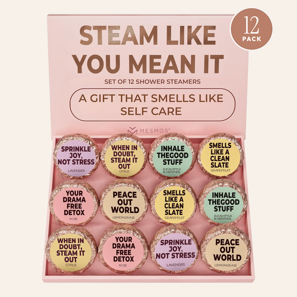 Open box of twelve Self Care Series shower steamers with a 12 Pack badge.