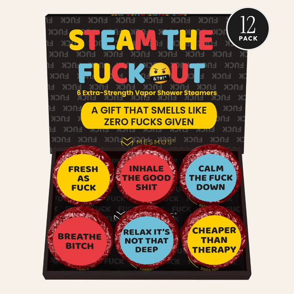 Open box of six Funny Series shower steamers with a 12 Pack badge. The 12 pack ships as two boxes of 6.