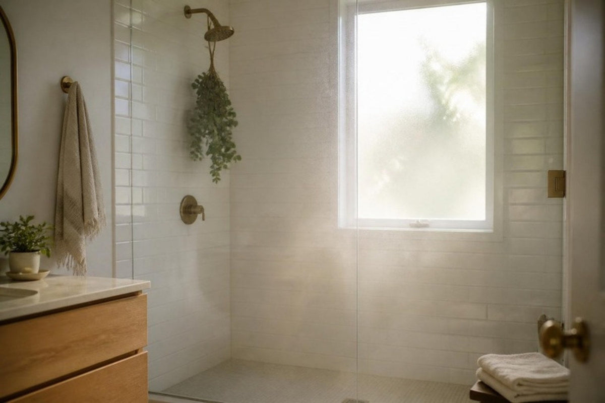 A bright bathroom with a steamy walk-in shower and fresh eucalyptus hanging from the shower head