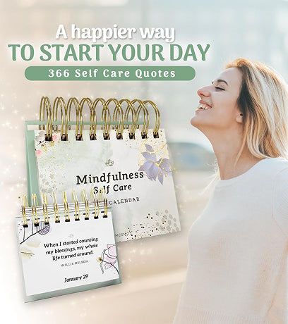 The Mindfulness Self Care flip calendar beside a smiling woman. A happier way to start your day, 366 self care quotes.