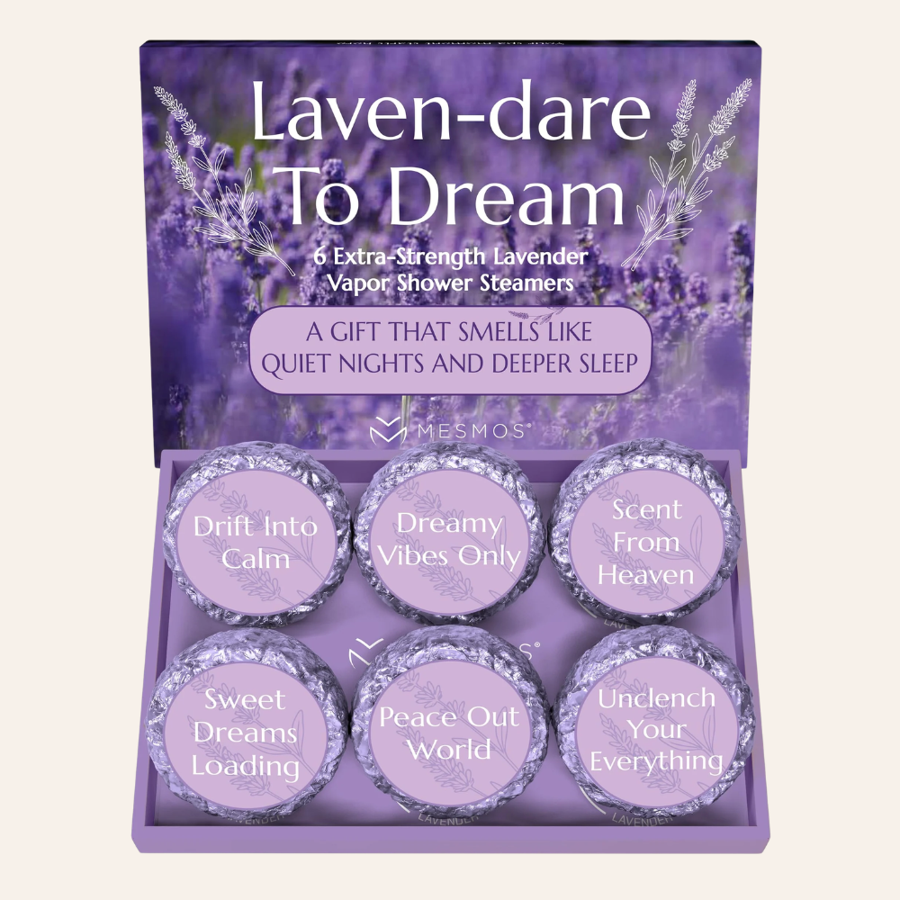 Open box of twelve lavender shower steamer tablets, Sleep Deeper Tonight