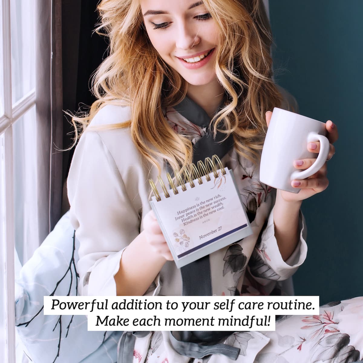 3. Lady reading Calendar while drinking tea