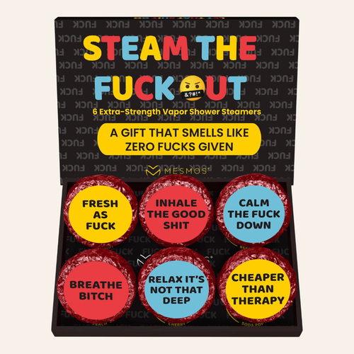 Open box of twelve shower steamer tablets, Funny Series gift set