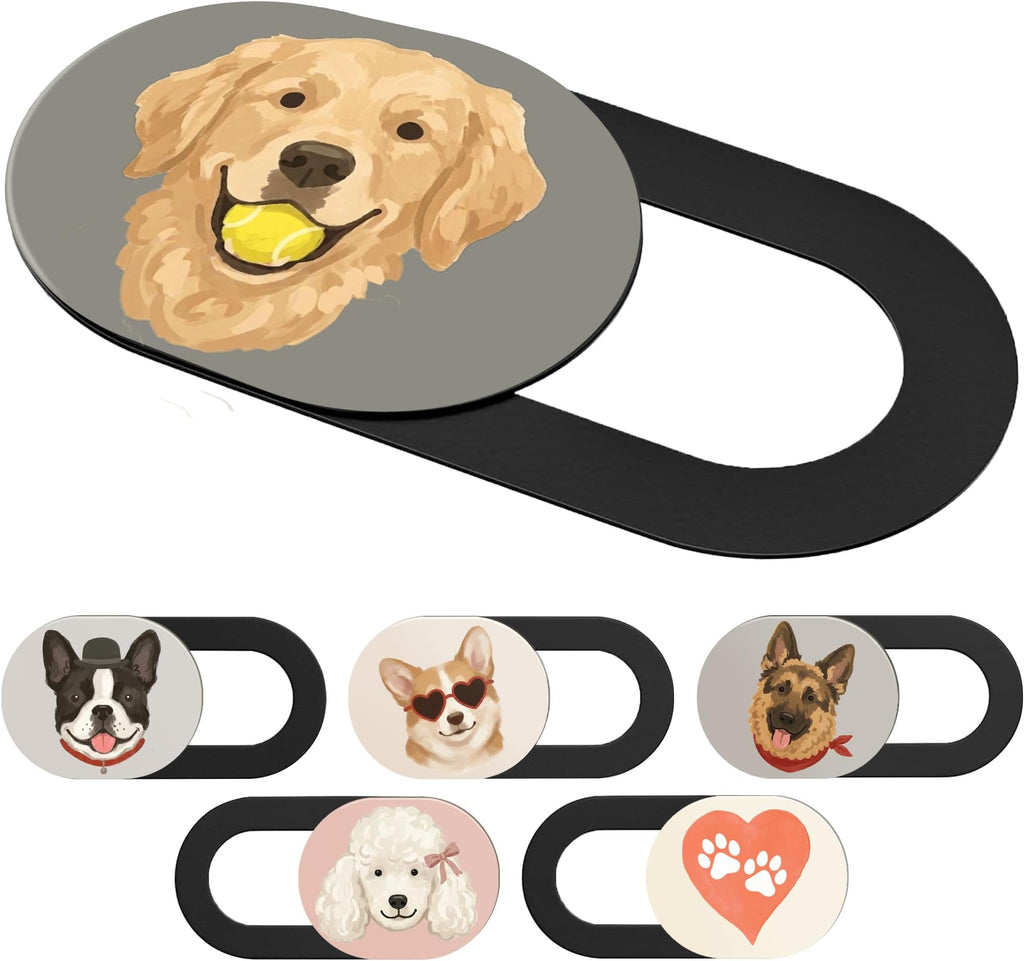 Six black sliding webcam covers, each printed with a different illustrated dog face including a golden retriever holding a tennis ball.