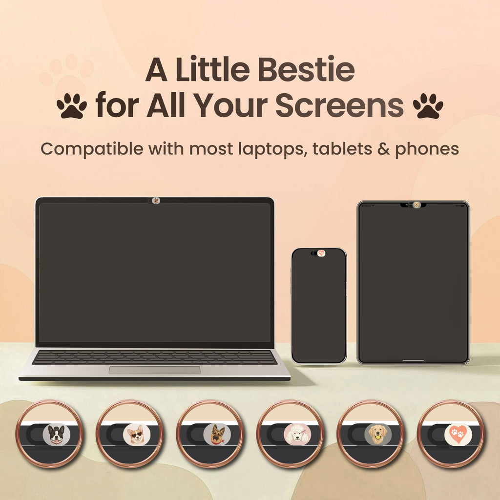 A laptop, phone and tablet side by side, each fitted with a dog design webcam cover, showing compatibility across devices.