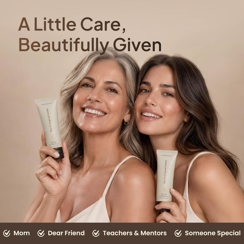 Two smiling women each holding a vanilla hand cream tube, a gift for mom, friends and teachers