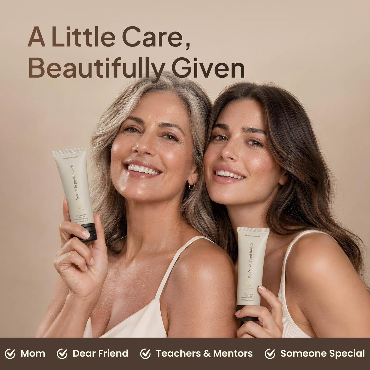 Two smiling women each holding a vanilla hand cream tube, a gift for mom, friends and teachers-