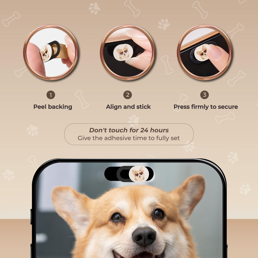 Three step installation guide: peel backing, align and stick, press firmly, with a corgi cover fitted to a phone camera.