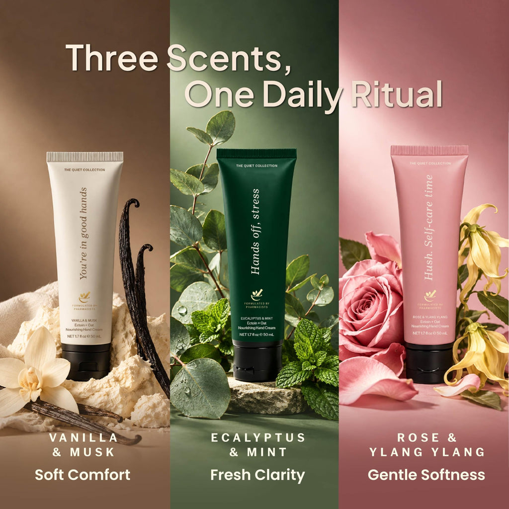 Three hand cream scents: vanilla musk soft comfort, eucalyptus mint, rose ylang ylang