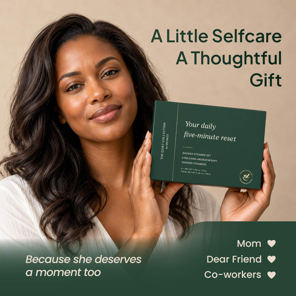 Woman holding a shower steamer gift set, self care gifts for women, mom, best friend, coworker