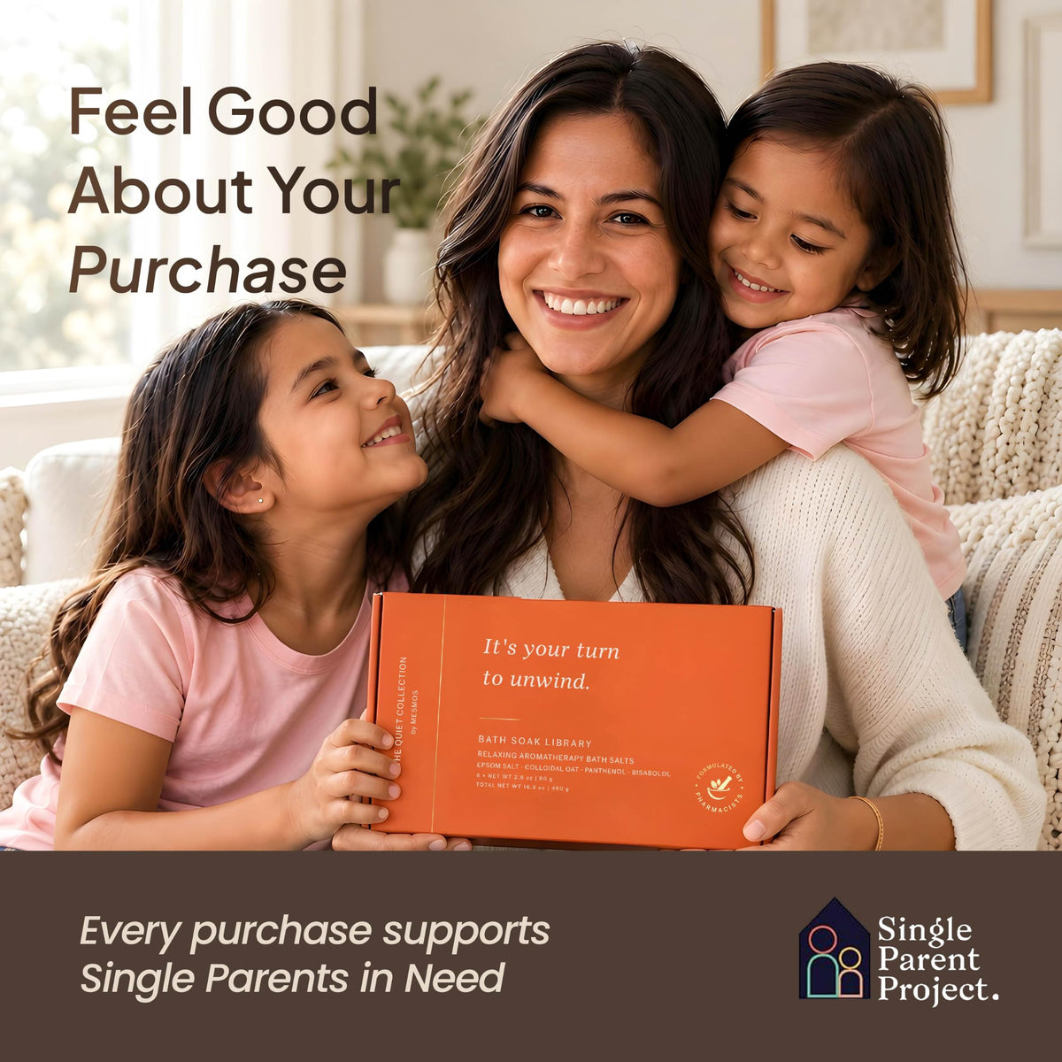 Mother hugging her daughters with the bath salt gift box; every purchase supports the Single Parent Project-8