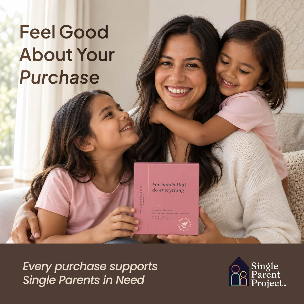 Mother with daughters and a hand cream gift set that supports the Single Parent Project-
