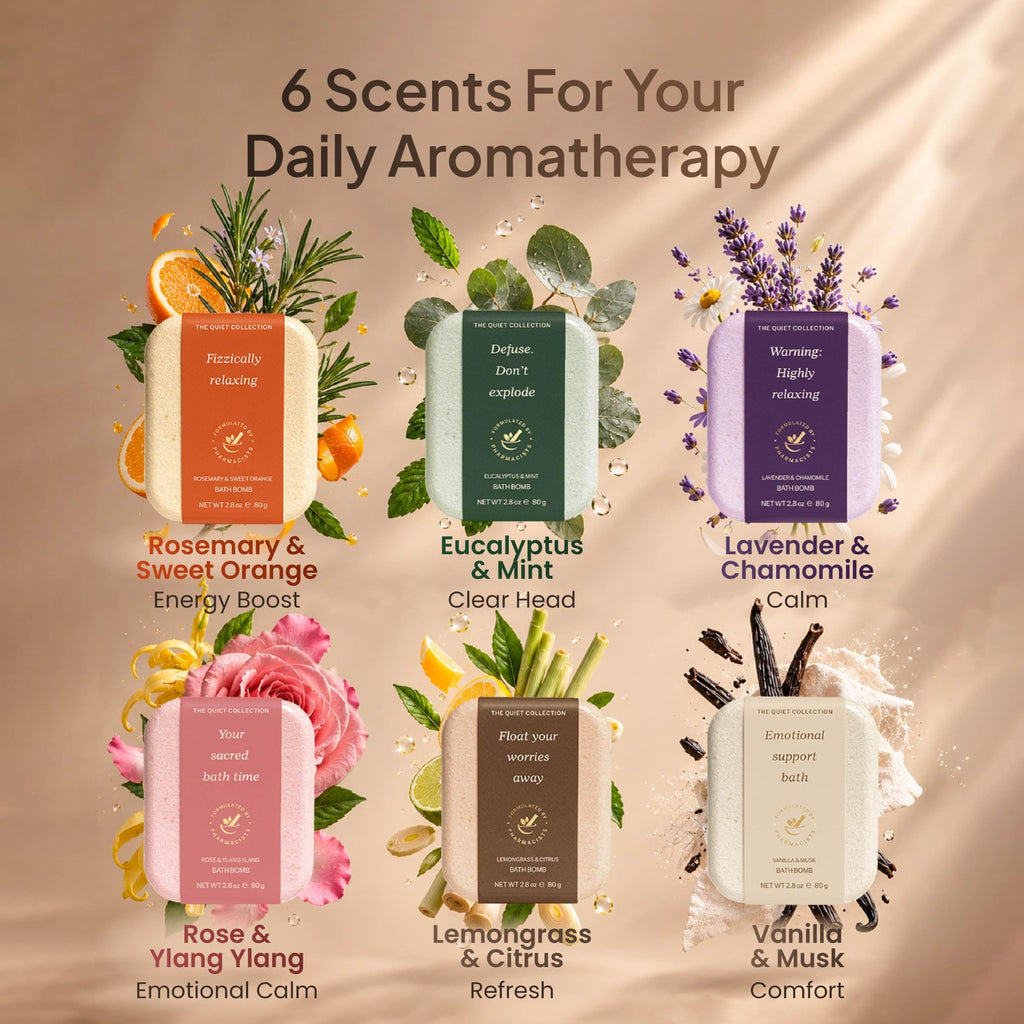 Six bath bomb scents: rosemary orange, eucalyptus mint, lavender, rose, lemongrass, vanilla