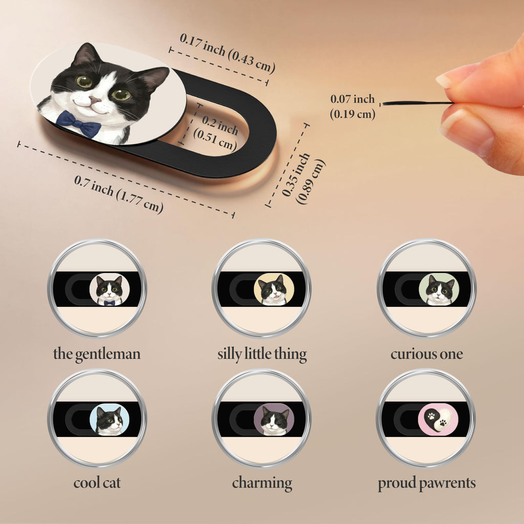 Dimensions diagram showing the cover measures 0.7 by 0.35 inches and 0.07 inches thick, with all six tuxedo cat designs named.
