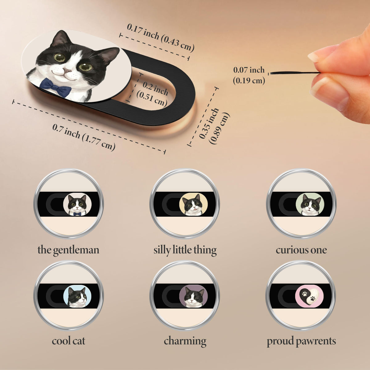 Dimensions diagram showing the cover measures 0.7 by 0.35 inches and 0.07 inches thick, with all six tuxedo cat designs named.-