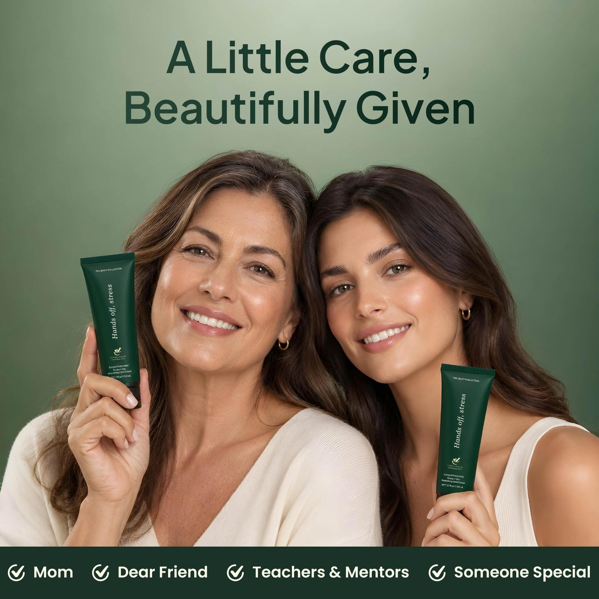 Two smiling women each holding a eucalyptus hand cream tube, a gift for mom, friends and teachers-
