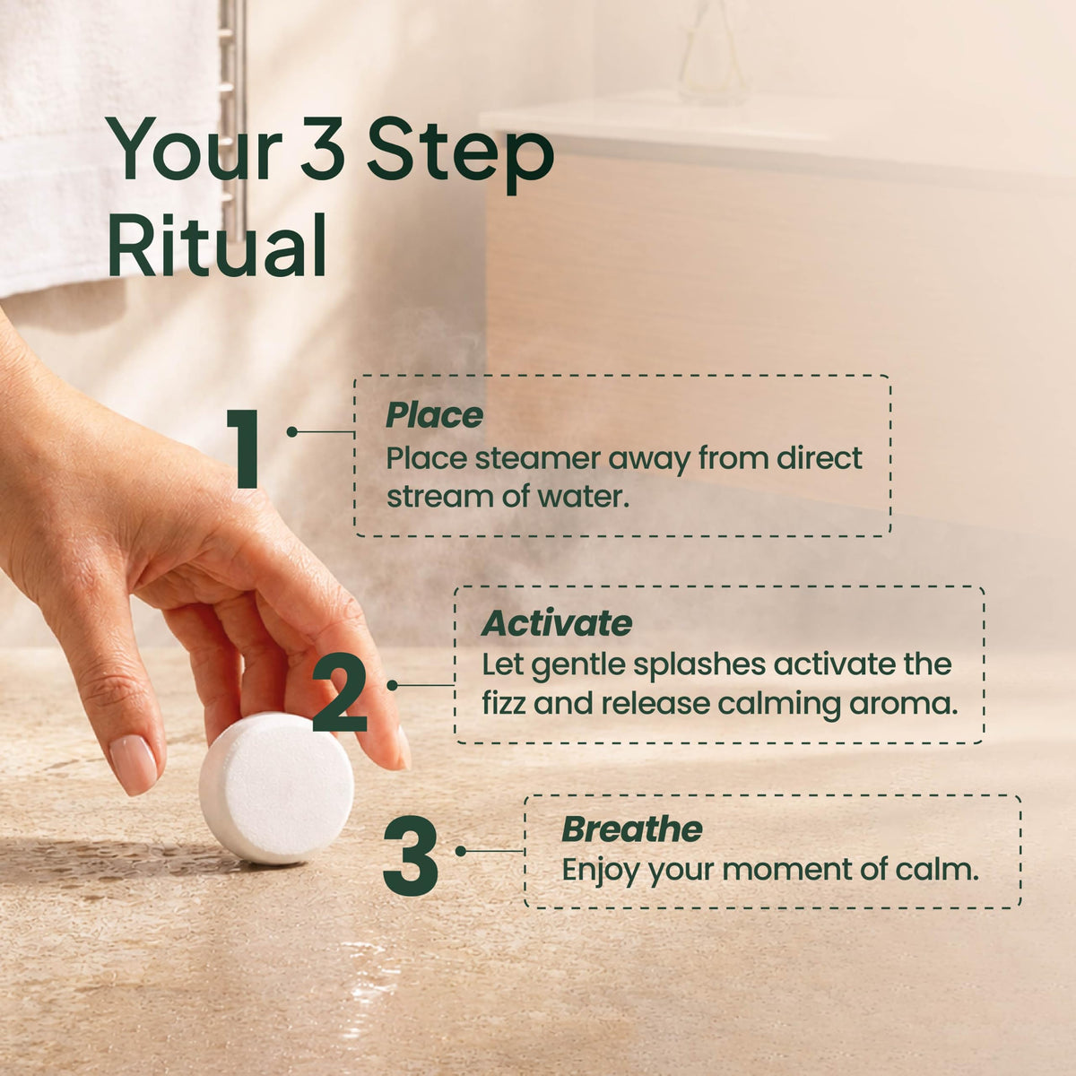 How to use shower bombs: place away from the water stream, let splashes activate, breathe in-