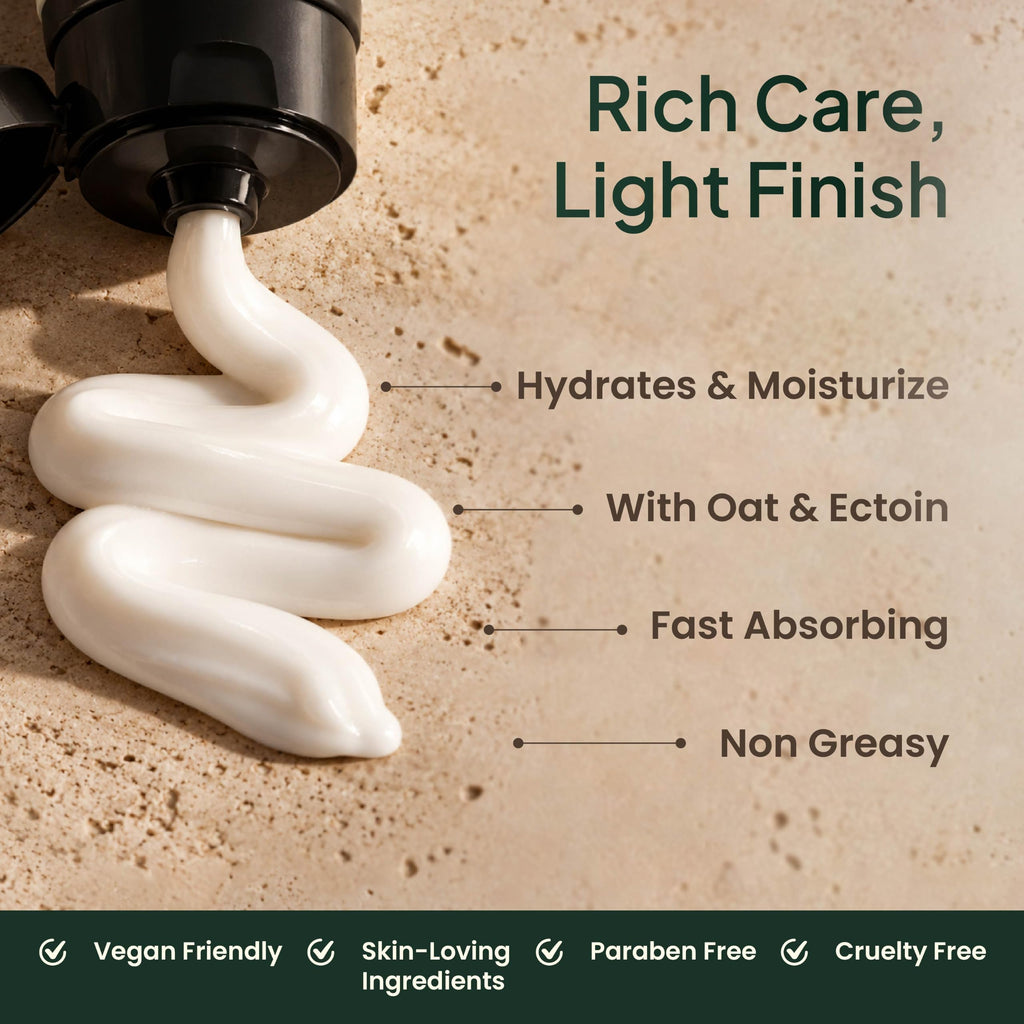 Swirl of white hand cream: hydrates, made with oat and Ectoin, fast absorbing and non greasy