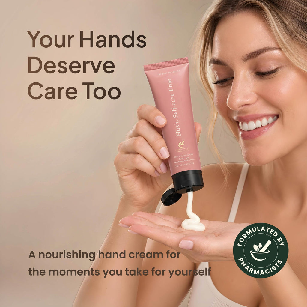 Woman smelling a rose hand cream and applying it to dry hands, nourishing scented lotion