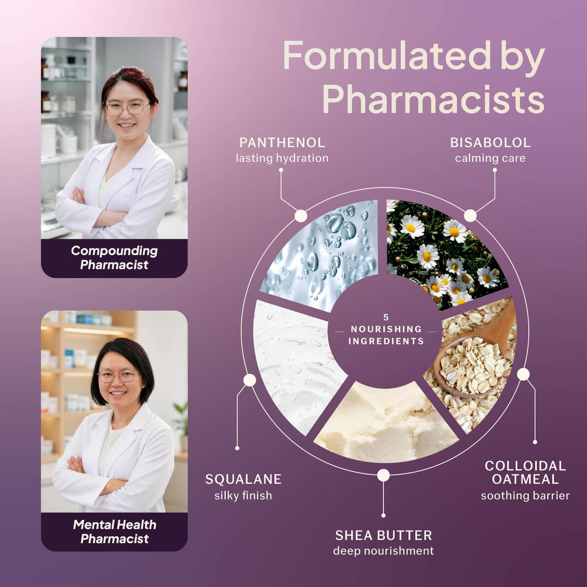 Formulated by pharmacists with panthenol, bisabolol, colloidal oatmeal, shea butter and squalane-