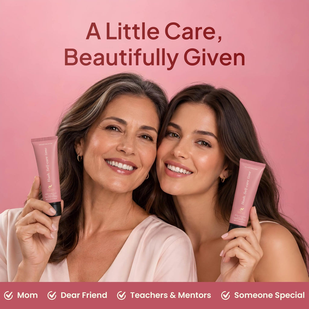 Two smiling women each holding a rose hand cream tube, a gift for mom, friends and teachers