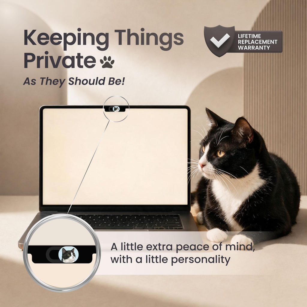 A tuxedo cat sitting beside an open laptop, with a close up of the tuxedo cat webcam cover fitted over the laptop camera.
