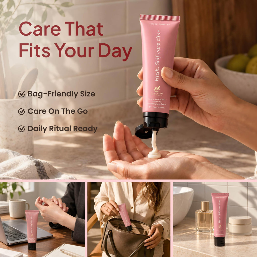 Bag friendly rose hand cream tube used at a desk, in a handbag and on a vanity