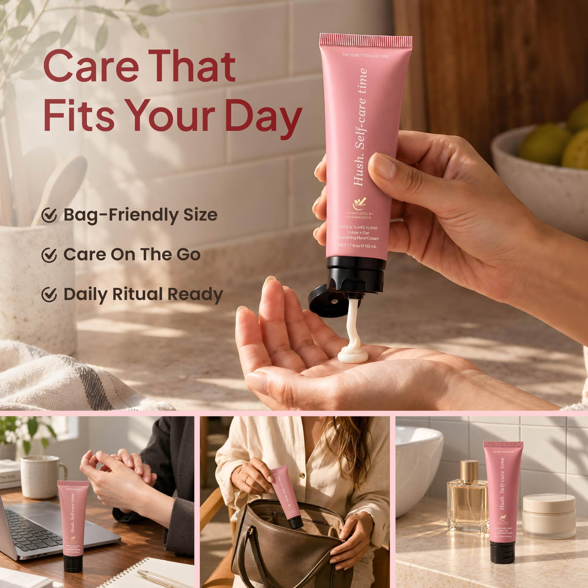 Bag friendly rose hand cream tube used at a desk, in a handbag and on a vanity-