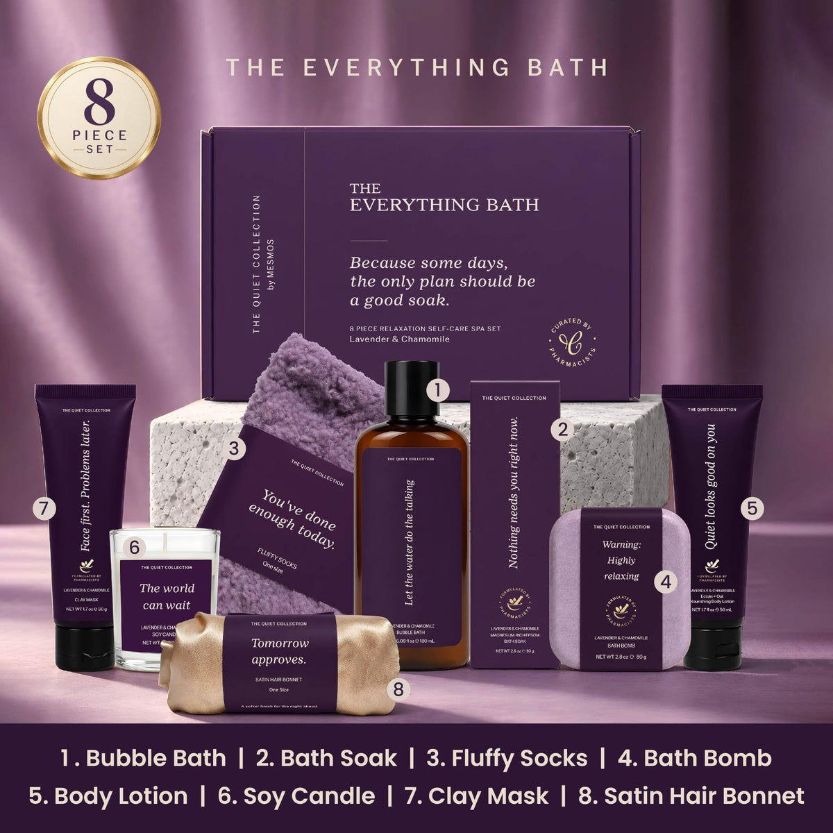 The 8 pieces numbered: bubble bath, bath soak, fluffy socks, bath bomb, body lotion, soy candle, clay mask, satin bonnet-