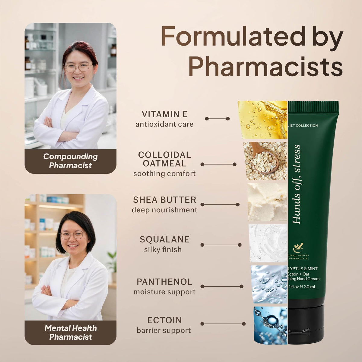Hand cream formulated by pharmacists with ectoin, oatmeal, shea butter, squalane, vitamin E-