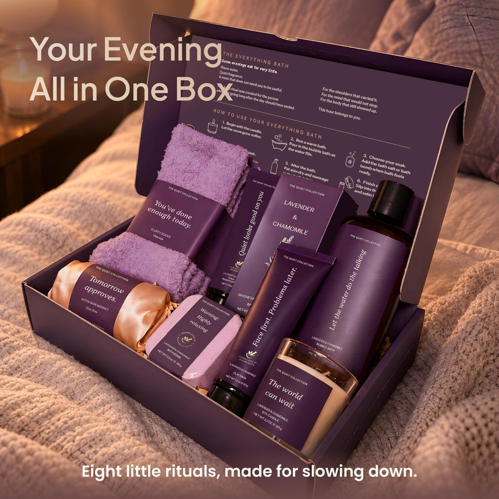 Open Everything Bath box on a cosy blanket with all eight pieces inside