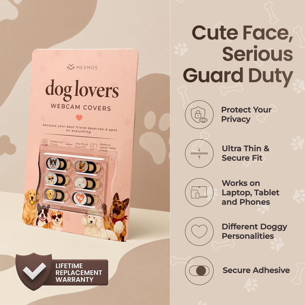 The pink Dog Lovers Webcam Covers retail pack beside icons for privacy, ultra thin fit, device compatibility and secure adhesive.