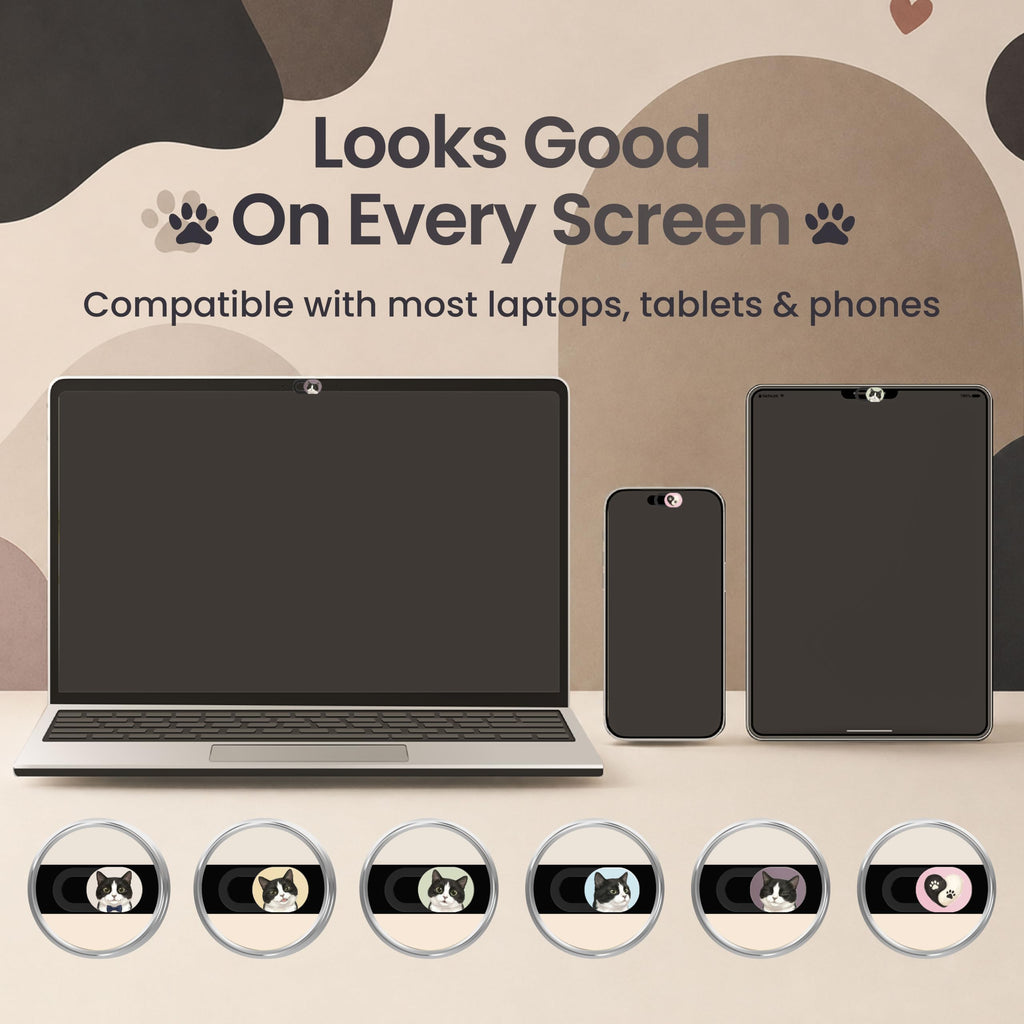 A laptop, phone and tablet side by side, each fitted with a tuxedo cat webcam cover, showing compatibility across devices.
