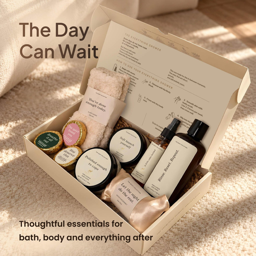 Open Everything Shower box on a rug with all nine pieces inside