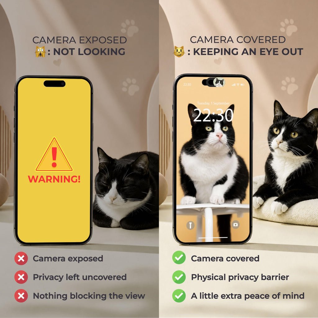 Side by side comparison of a phone with its camera exposed versus the same phone with a tuxedo cat webcam cover closed over the lens.