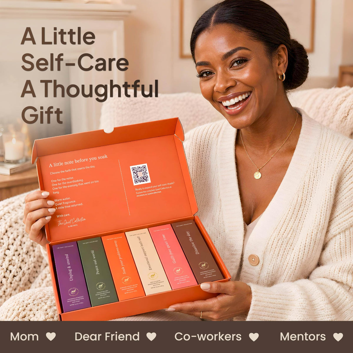 Smiling woman holding an open bath salt gift box, a thoughtful gift for mom, a friend, coworkers and mentors-7