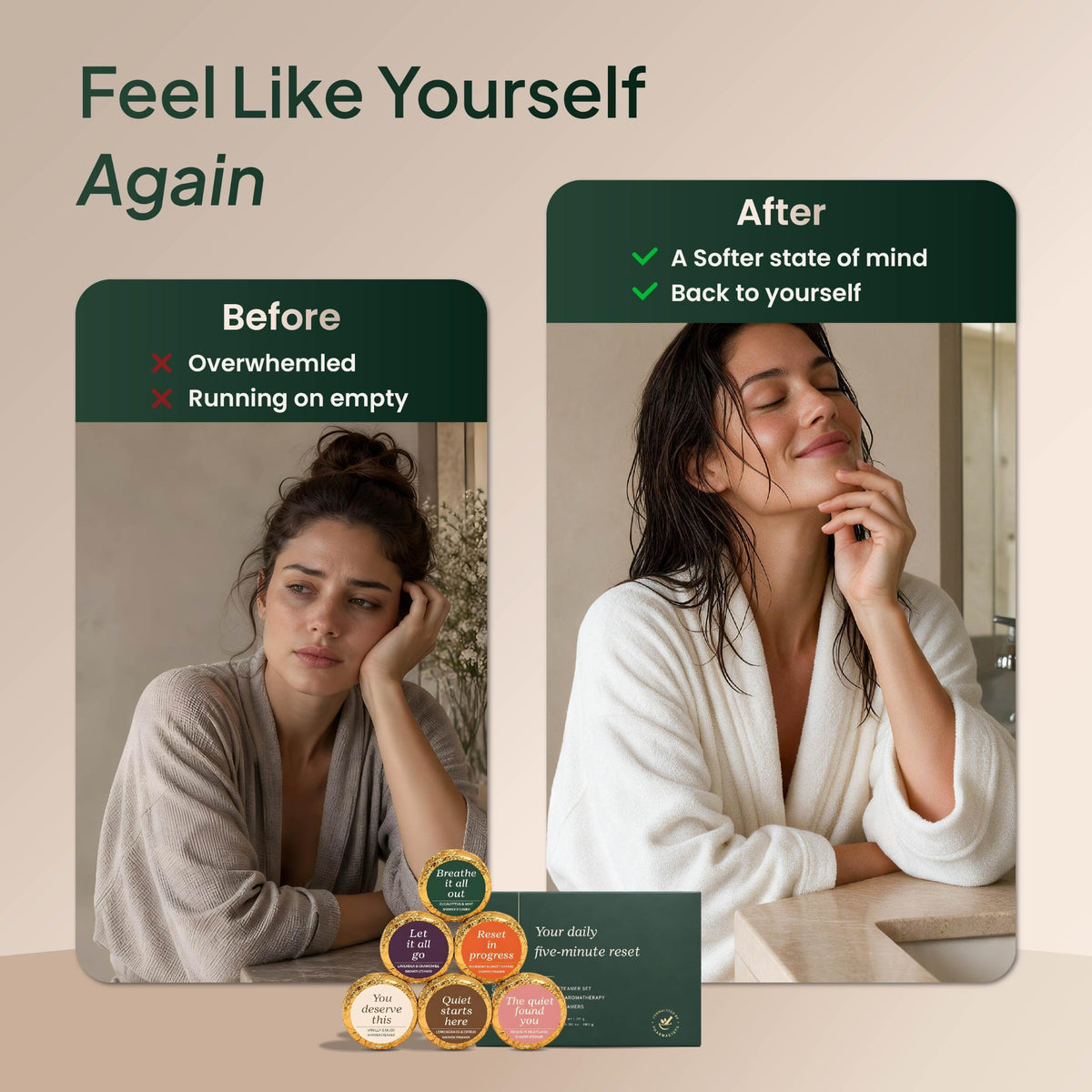 Before and after a 5 minute aromatherapy shower: from overwhelmed to calm and back to yourself-