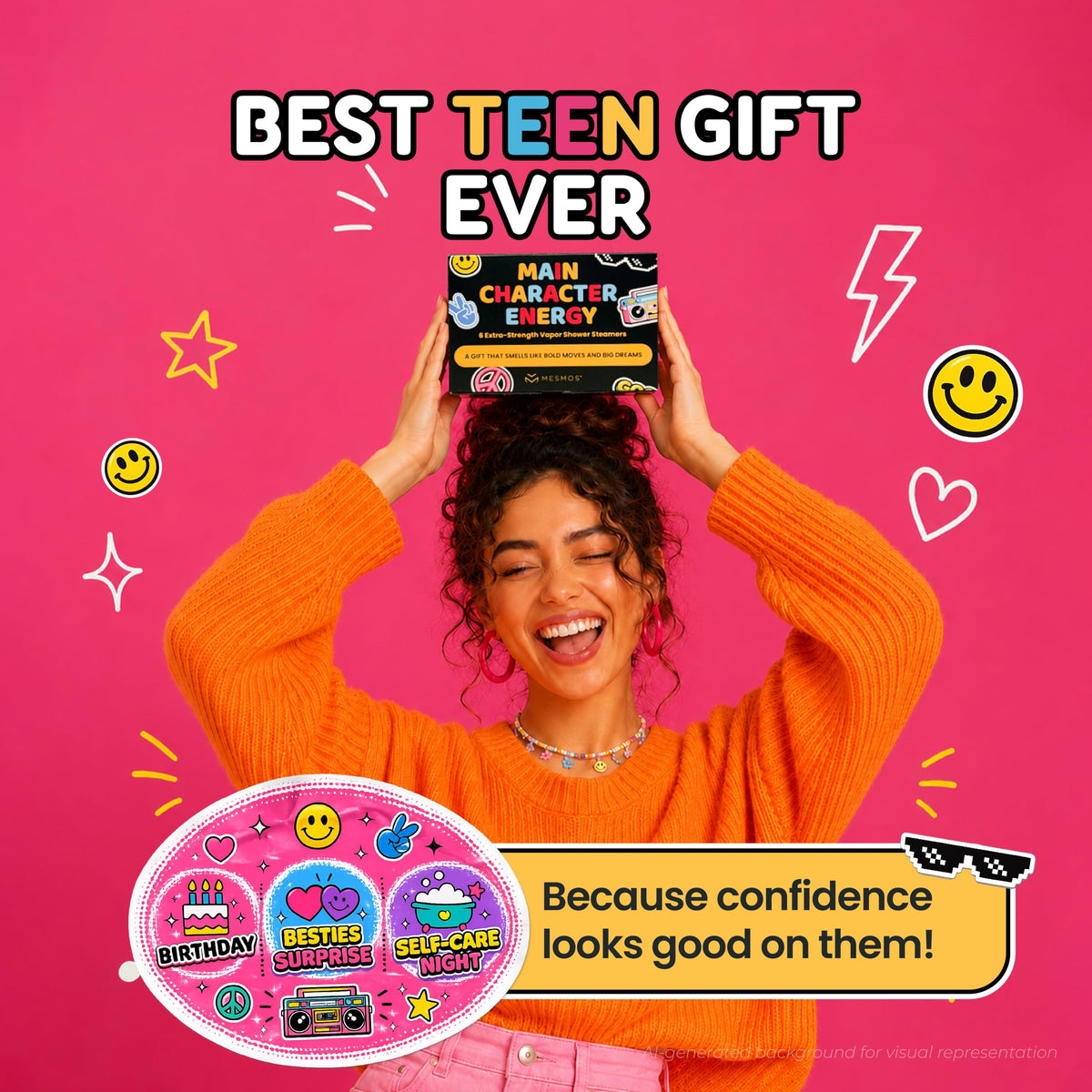 A laughing teenager in an orange jumper holding the Main Character Energy box above her head. Best teen gift ever - because confidence looks good on them.-