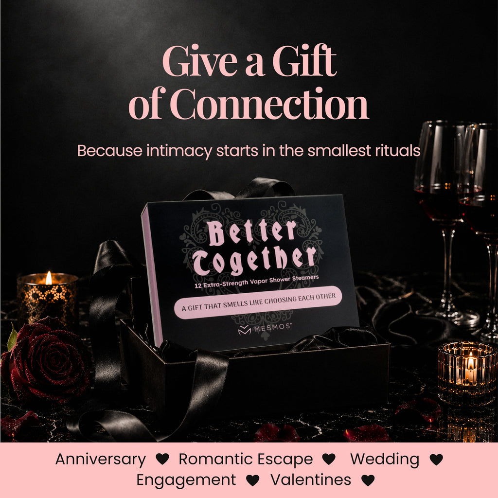 The Better Together box beside candles, roses and wine glasses. Give a gift of connection, because intimacy starts in the smallest rituals - for an anniversary, romantic escape, wedding or engagement.
