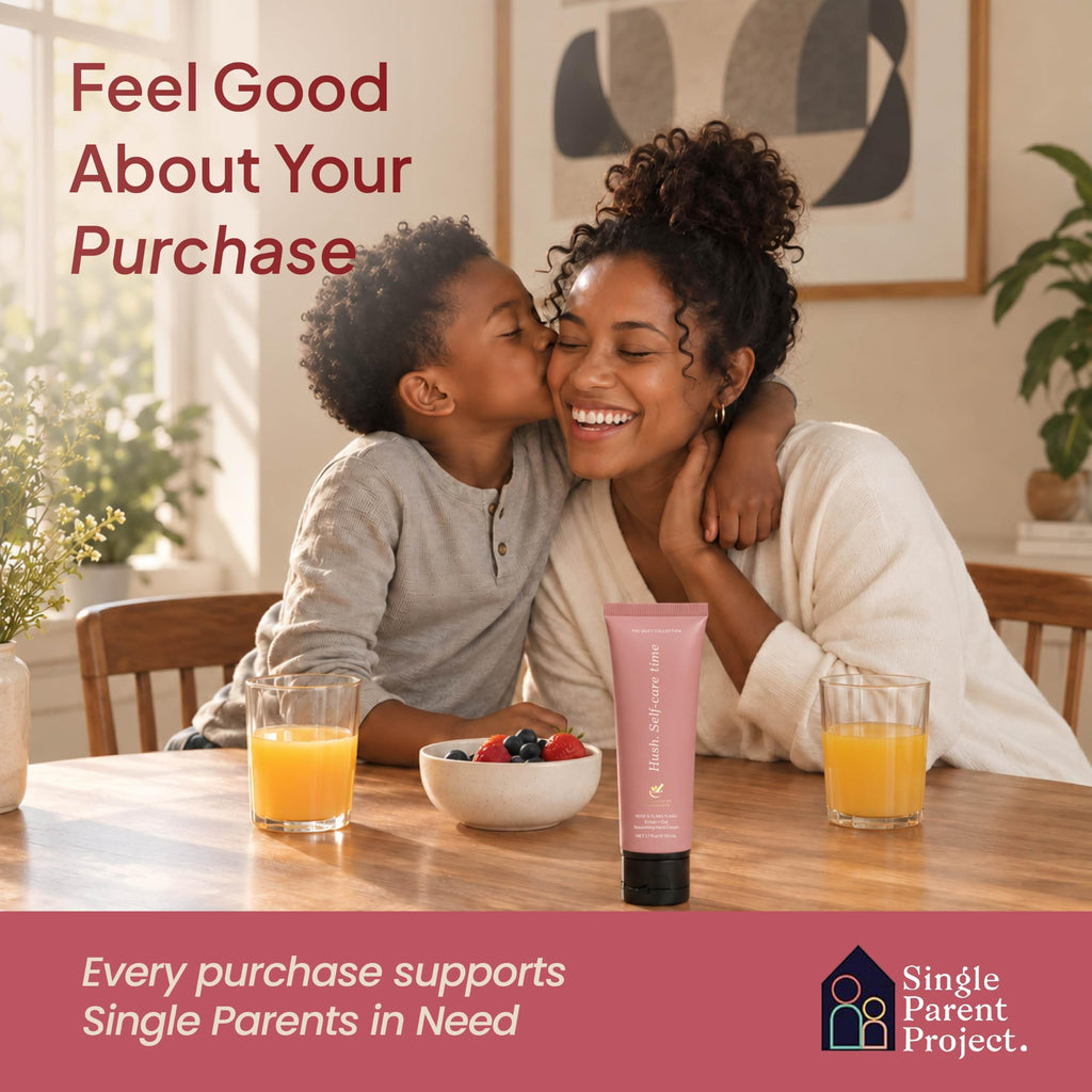 Mother being kissed by her son at breakfast with a hand cream tube; purchases support the Single Parent Project