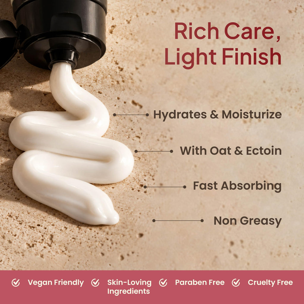 Swirl of white hand cream: hydrates, made with oat and Ectoin, fast absorbing and non greasy
