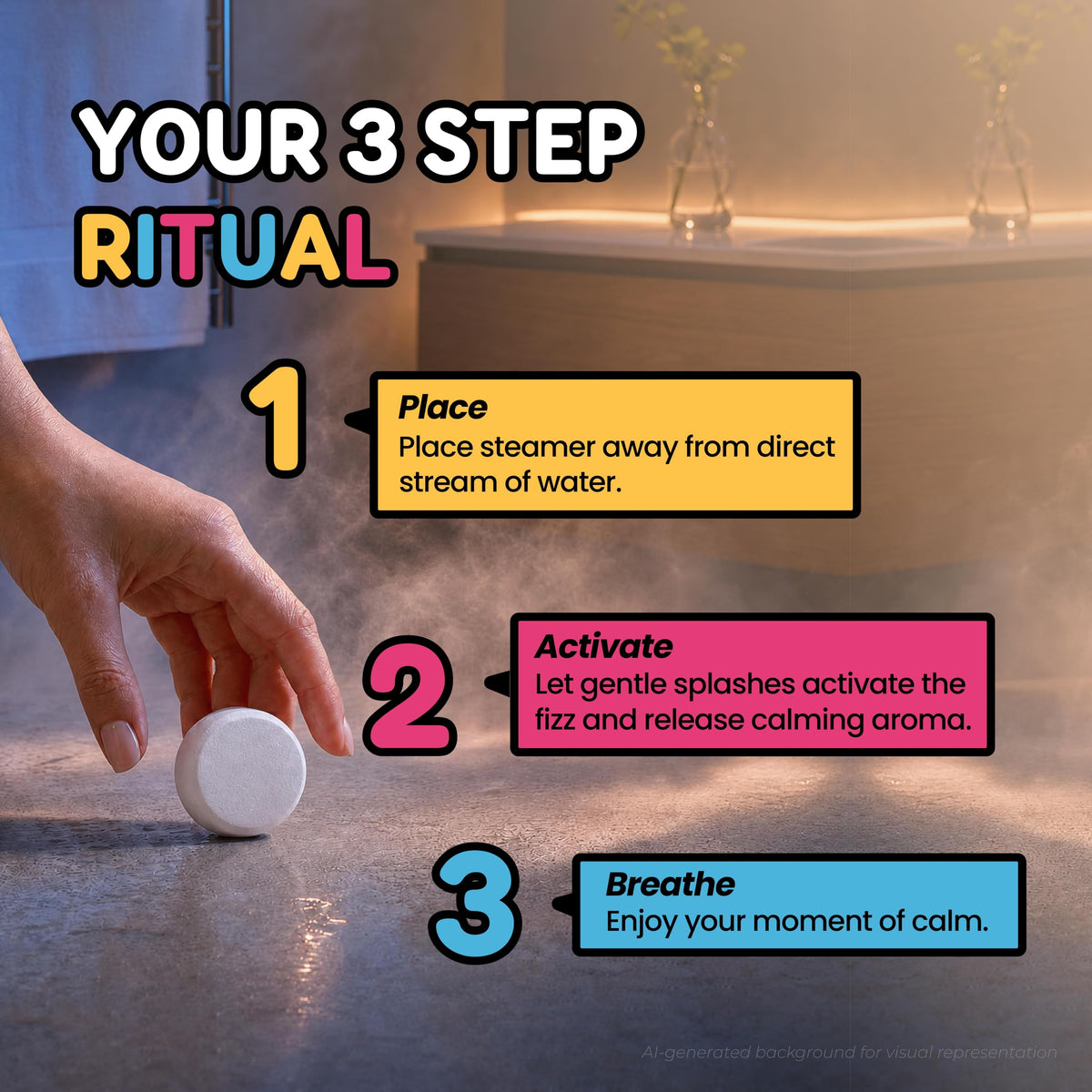 A hand placing a steamer on the shower floor. Your 3 step ritual: 1. Place the steamer away from the direct stream of water. 2. Activate - let gentle splashes release the fizz and calming aroma. 3. Breathe and enjoy your moment of calm.-